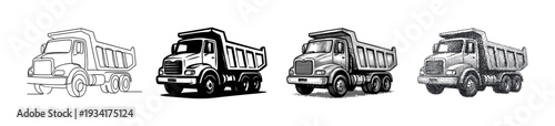 Four distinct dump truck illustrations showcasing various artistic styles, perfect for construction, transport, or industrial design projects.