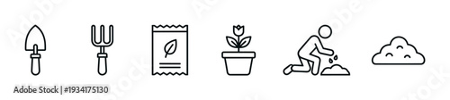 Gardening tools, seeds, and planting process icons depicting various stages of cultivation and plant care.