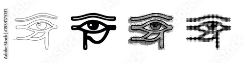 Eye of Horus symbol variations displayed in different artistic styles and textures for design projects.