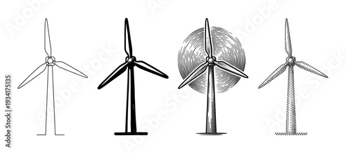 Different wind turbines showcasing renewable energy in diverse artistic styles, emphasizing clean and sustainable power generation.