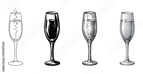Champagne flutes collection features diverse black and white illustration styles, each with unique textures and details.