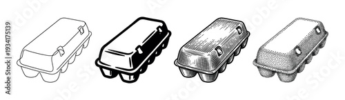 Four different styles of egg cartons are displayed here, showcasing various artistic rendering techniques for packaging.
