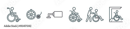 Wheelchair disability accessibility icons set for medical support and inclusive design solutions in various contexts.