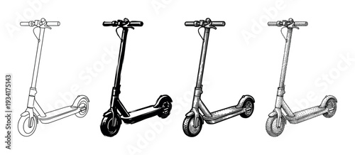 Four different styles of electric scooters are depicted here, showcasing various artistic interpretations of modern urban transportation.