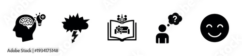 Various conceptual icons representing human thought, problems, therapy, questions, and happiness in a clear visual format.
