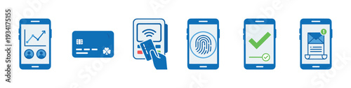 Digital transaction icons illustrate various steps in modern mobile banking and secure online payment processes.