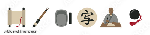 Traditional Asian calligraphy tools and scholar writing with brush, representing education, art, and ancient wisdom.