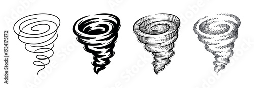 Four distinct stylized tornado illustrations depict powerful swirling wind and destructive weather phenomena.