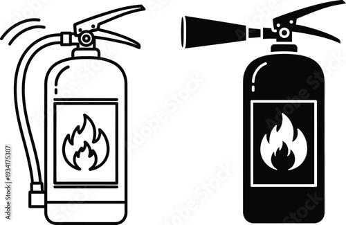 A simple black and white illustration depicts two fire extinguishers one outlined and one solid each showing a flame symbol on the front