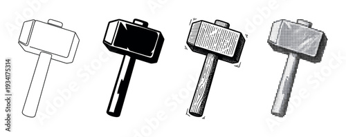 Four different stylized graphic representations of a hammer tool used for construction, demolition, and various heavy-duty tasks.