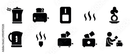 Kitchen appliances, kettles, toasters, and steam icons illustrating various cooking and heating processes.