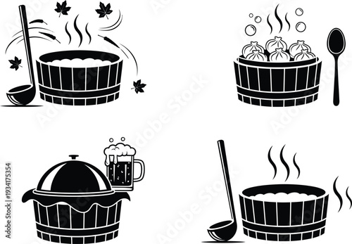 a black and white illustration depicts various cooking and serving elements including pots dumplings beer and utensils all in a stylized design