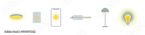 Smart home lighting system icons representing modern technology, energy saving, and remote device management.