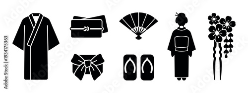 Japanese traditional clothing and accessories icons set including kimono, obi, fan, geta, and hair ornament.