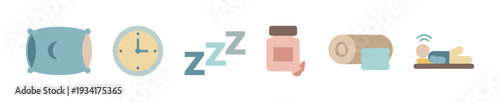 Sleep related icons and symbols representing rest, relaxation, and bedtime routine elements in a minimalist flat design.