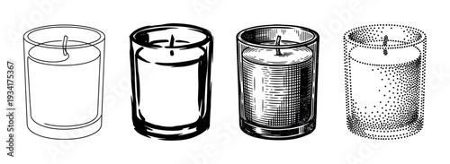 Four different styles of candles in glass holders are depicted using various black and white illustration techniques.