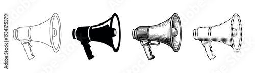 Megaphone icons in various styles representing communication and announcement, perfect for conveying important messages and public address.