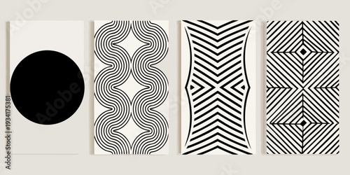Four abstract black and white geometric art prints arranged in a row