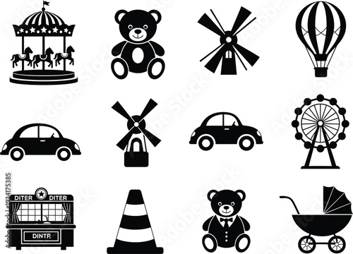 a collection of black silhouette icons representing various amusement park attractions toys and transportation options creating a playful visual arrangement