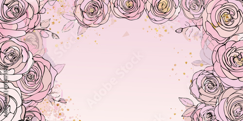 Elegant floral arrangement of pink roses and golden accents on pink
