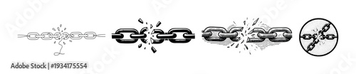 Broken chain symbol representing freedom and liberation from bondage, oppression, or limitations, depicted in various graphic styles.