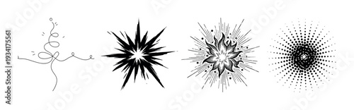 Abstract graphic elements collection featuring diverse line art, sharp starbursts, ornate sunbursts, and halftone dot patterns.