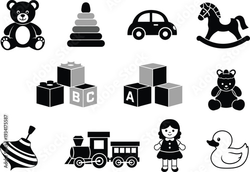 a collection of classic black and white childhood toys including a teddy bear building blocks and rocking horse high quality professional