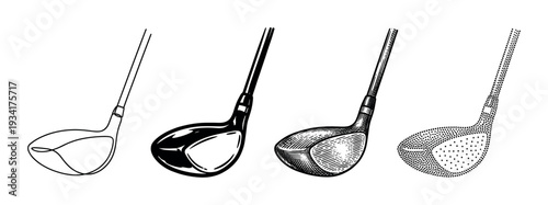 Four golf club illustrations in various artistic styles showcasing different graphic techniques for sports and recreation designs.
