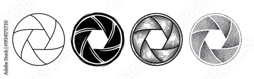 Camera aperture icons in various artistic styles illustrating different graphic design techniques for photography and optical concepts.
