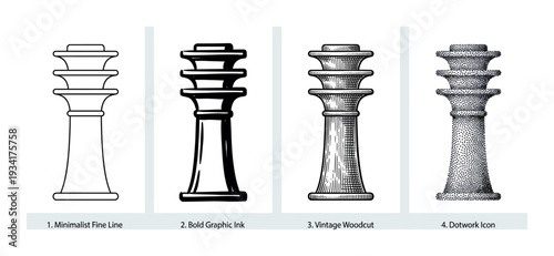 Four distinct graphic styles of a decorative column are illustrated, including fine line, bold ink, woodcut, and dotwork.