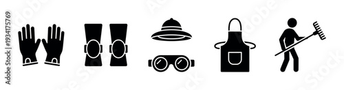 Gardening tools and protective equipment icons collection illustration showing various items for outdoor work and safety.