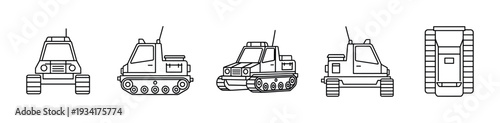 Various tracked utility vehicles presented in a simple line art style, showcasing different perspectives and designs for heavy-duty transportation.