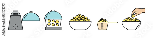 Popcorn making process illustration showing various stages of preparation from raw kernels to a delicious snack ready for consumption.
