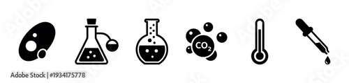 Science icons illustrating essential laboratory tools, chemical reactions, and biological organisms for scientific study.