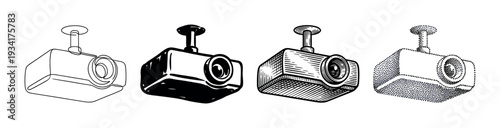 Four distinct styles of ceiling mounted video projectors are presented as a collection of modern presentation equipment.