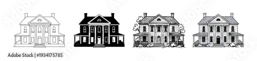 Four distinct classical house illustrations presented in outline, silhouette, detailed, and stippled styles.