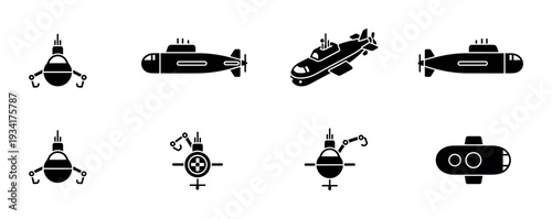 Submarines and underwater vehicles glyph icons set representing exploration, military, and research applications.