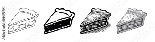Four different stylized pie slice illustrations showcasing various artistic drawing techniques including line art, silhouette, engraving, and stippling.