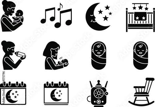 collection of black silhouette icons depicting motherhood lullabies sleep baby care and associated objects like cradles and pacifiers high quality professional