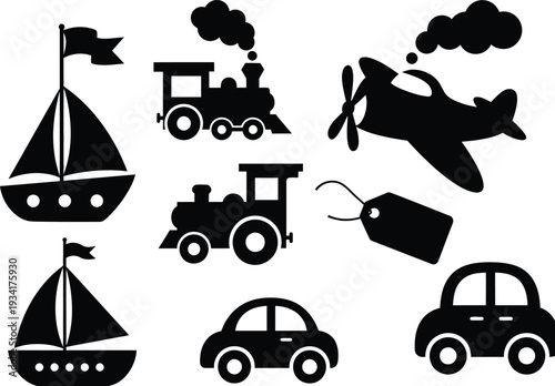 A collection of black silhouette icons depicting various modes of transportation including boats trains planes and cars perfect for design