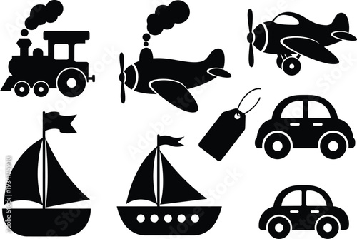 a collection of simple black silhouette icons depicting various modes of transportation including trains planes boats and automobiles high quality professional