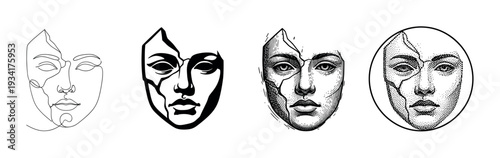 Four artistic broken human faces depicted in various graphic styles illustrating concepts of vulnerability and resilience.