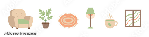 Cozy home interior objects collection for comfortable living space featuring furniture, plants, and warm beverages in a modern flat design.