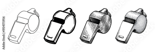 Four different styles of classic metal whistle illustrations showcasing various artistic techniques in black and white.