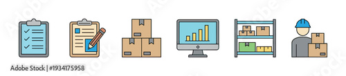 Logistics and supply chain management business icons set illustrating various aspects of inventory, delivery, and warehouse operations.