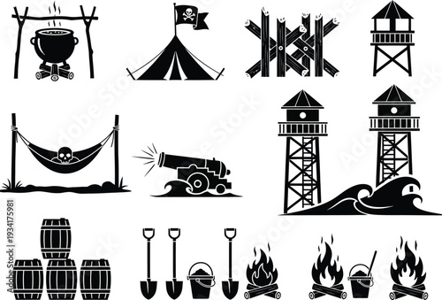 a collection of monochrome pirate themed icons depicting camping equipment weaponry and seaside elements in a simplistic style high quality professional