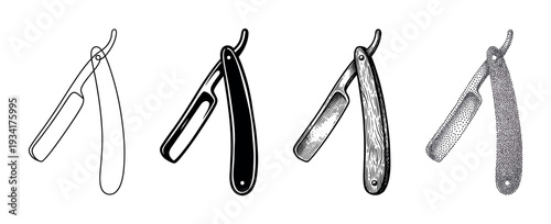 Four different straight razor illustrations in various artistic styles, perfect for barbershop branding or vintage design projects.