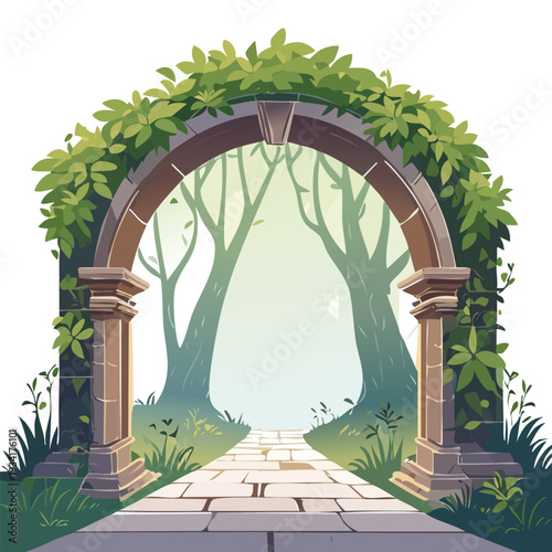 Stone archway with lush foliage leading to a serene forest