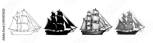 Collection of classic sailing ship designs depicted in diverse artistic styles, perfect for nautical themed projects and historical illustrations.