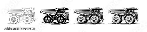 Collection of heavy industrial dump truck illustrations showcasing various black and white graphic styles.